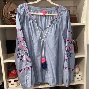 Lilly Pulitzer Light Blue Blouse with Pink Embroidery